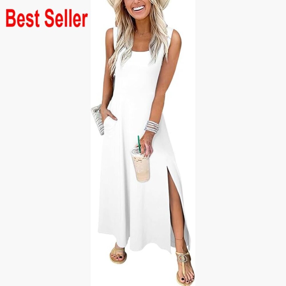 Polyester+Elastane Sleeveless Maxi Dress with Pockets Casual Summer Sundress
